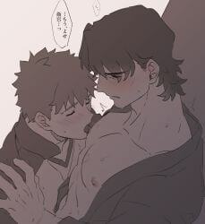 2boys age_difference blush closed_eyes dilf emiya_shirou fate/stay_night fate_(series) gay japanese_text kadomori kirei_kotomine licking_male_nipple male male_only monochrome nipple_licking open_shirt sweat type-moon yaoi