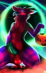 absurd_res anthro avaliy_conely genitals green_light halloween halloween_costume hi_res holidays lex_sergal magic male on_lap penis sergal sitting_on_lap solo trick_or_treat