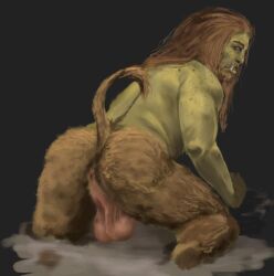 anus balls beard facial_hair furry genitals green_body hair hi_res humanoid hybrid long_hair male male_focus male_only male_solo nude orc orc_male presenting raised_tail saggy_balls satyr solo solo_male sundaynoches