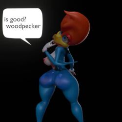 3d 3d_(artwork) alternate_body_type alternate_breast_size animated anthro anthro_only avian big_ass big_breasts big_butt bird black_background blue_body blue_eyes blue_skin dialogue dialogue_box dialogue_bubble female female_only furry_only gloves looking_at_viewer looking_back nipples non-mammal_breasts picid red_hair ryzydnsfw short_playtime simple_background tagme the_woody_woodpecker_show universal_studios video winnie_woodpecker woodpecker