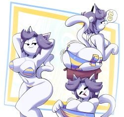 :3 anthro ass bent_over big_ass big_breasts big_butt bikini bikini_bottom breast_squish breasts clothing currency_symbol dollar_sign domestic_cat felid feline felis female female_only glabsterii hands_behind_head hi_res high_on_temmie_flakes huge_breasts huge_butt looking_at_viewer mammal multiple_poses panties pasties pose rear_view smug solo solo_female squish swimwear symbol temmie temmie_(undertale) tight_clothing undertale video_games