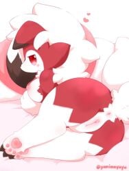 anus ass bed big_breasts black_fur blush breasts butt canine digital_media_(artwork) female furry heart looking_at_viewer looking_back lycanroc midnight_lycanroc multicolored_fur nakimayo pawpads paws pillow pokemon pokemon_sm pussy red_eyes red_fur tail vagina watermark white_background white_fur yamimayuyu