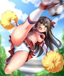 action_pose ball blush breasts brown_hair cheerleader cheerleader_uniform crop_top gloves hair_ornament haruna_(kantai_collection) headband kantai_collection kicking kneehighs long_hair navel orange_eyes panties pom_poms skirt sneakers soccer soccer_ball socks sweat tagme thighs underboob upskirt white_panties zanntetu