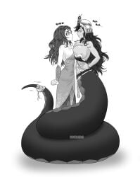 2girls big_breasts black_and_white indie_virtual_youtuber lamia monster_girl snake snake_girl tail vexoria_the_sun_eater virtual_youtuber white_background yuri zincubis