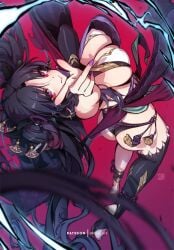 black_hair black_panties bubble_butt cleavage daki_(kimetsu_no_yaiba)_(cosplay) fate/grand_order fate_(series) female female_only hair_ornament high-angle_view ishtar_(fate) large_breasts long_hair looking_at_viewer mitsu_art nail_polish nipple_bulge obi panties purple_nails red_background red_eyes sideboob single_thighhigh smile solo stirrup_legwear twintails