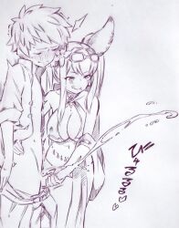 1boy 1girls :q animal_ears assertive_female blush breasts character_request cleavage commentary_request cum cum_drip cumshot ejaculate ejaculating_cum ejaculation erect_penis erection erune exposed_penis female genital_fluids goggles goggles_on_head gran_(granblue_fantasy) granblue_fantasy handjob highres holding_penis large_breasts masturbating_other masturbation metera_(granblue_fantasy) monochrome motion_lines open_clothes orgasm penis penis_grab straight stroking_penis tongue tongue_out traditional_media tsukareta_san