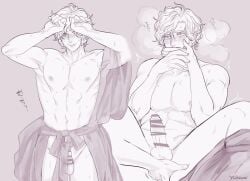 1boy alfred_(bloodborne) anal_fingering bloodborne blush breath censored covering_mouth covering_self curly_hair disembodied_hand embarrassed erection fingering fingering_partner fromsoftware functionally_nude male male_focus monochrome muscular muscular_male partially_clothed penis robe shy sideburns smile solo_focus spread_legs sweat yaoi yukami