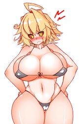 ahoge angry annoyed arcueid_brunestud ato_(bfj315) big_breasts bikini blonde_hair blush cleavage female female_only frown hands_on_hips huge_breasts looking_at_viewer melty_blood messy_hair micro_bikini nipple_bulge red_arcueid red_sclera short_hair solo swimsuit thick_thighs tsukihime type-moon wide_hips yellow_eyes