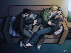 3boys billy_kaplan black_hair blonde_hair brothers clothed couch crisart gay hulkling human human_only incest kissing light-skinned_male light_skin male male_only marvel mmm_threesome speed_(young_avengers) swingers teddy_altman tommy_shepherd wiccan yaoi young_avengers