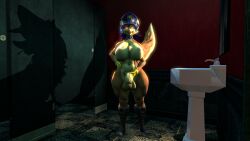 anthro bathroom big_breasts blue_hair boots breasts canid canine carmelita_fox clothing collar footwear fox futanari gloves gynomorph hair handwear hi_res intersex mammal ok_bruh orange_eyes police_hat sly_cooper_(series) smooth_fur solo sony_corporation sony_interactive_entertainment sucker_punch_productions tongue video_games