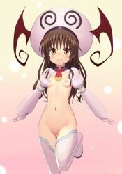 1girls blush boots breasts brown_hair female fuchi_(touo) fuchitoro gloves long_hair nipples solo to_love-ru yuuki_mikan