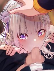 1boy 1girls barto blush blushing_at_viewer braid censored censored_penis clothes_pull deep_blowjob elf elf_ears elf_female elf_girl emilia_(re:zero) eyebrows_visible_through_hair fellatio female hair_flower hair_ornament half_elf hand_on_another's_head hand_on_another's_thigh hand_on_head hands_on_another's_thighs imminent_cumshot imminent_ejaculation imminent_orgasm long_hair looking_at_viewer mosaic_censoring natsuki_subaru open_eyes oral oral_penetration oral_sex penis penis_in_mouth pointless_censoring pointy_ears purple_eyes pushing_head pushing_head_down pushing_head_towards_fellatio raised_eyebrows re:zero_kara_hajimeru_isekai_seikatsu silver_hair teenage teenage_girl teeth track_suit upper_teeth white_flower white_hair x_hair_ornament zerobarto