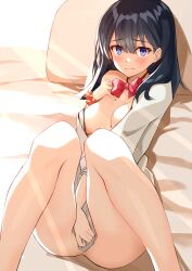 absurdres ass bangs bare_shoulders black_hair black_skirt blue_eyes blush bow bowtie breasts cardigan clothes_pull collarbone covering covering_crotch dress_shirt female female gridman_universe highres knees_up legs long_hair long_sleeves looking_at_viewer medium_breasts open_cardigan open_clothes open_shirt pleated_skirt red_bow red_legwear school_uniform shirt shunichi sitting skirt socks solo ssss.gridman sweater sweater_pull takarada_rikka thighs white_sweater