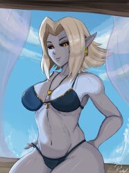 1girls 2d accessory bare_midriff bare_shoulders big_breasts bikini bikini_bottom bikini_top black_sclera blue-skinned_female blue_body blue_skin breasts busty curvy dark_elf earring earrings elf elf_ears exposed_midriff eye_contact female female_focus female_only front_view hi-rez_studios large_breasts long_ears looking_at_viewer midriff necklace orange_eyes paladins pointy_ears revov saati_(paladins) smile smiling smiling_at_viewer solo solo_female tagme thick_thighs thighs voluptuous wet wet_body white_hair