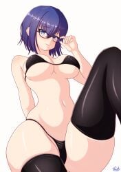 1girls adjusting_glasses big_breasts bikini black_bikini black_legwear black_thighhighs blue_eyes blue_hair ciel ciel_(tsukihime) curvy female female_only glasses looking_at_viewer micro_bikini short_hair solo swimsuit thick_thighs thighhighs tsukihime type-moon underboob vlacksr wide_hips