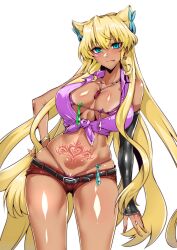 :p absurdres asymmetrical_sleeves belt bikini bikini_under_clothes black_belt blonde_hair blue_eyes bracelet breasts butterfly_hair_ornament cleavage condom corruption cowboy_shot detached_sleeves eyebrows_visible_through_hair female front-tie_top gggg gyaru hair_ornament hand_on_hip heart heart_tattoo highleg highleg_bikini highres jewelry large_breasts long_hair maria_cadenzavna_eve navel one_side_up pendant pubic_tattoo purple_bikini pussy pussy_peek senki_zesshou_symphogear shiny shiny_hair shiny_skin short_shorts shorts skindentation smile solo swimsuit tan tattoo tongue tongue_out uneven_sleeves used_condom very_long_hair white_background