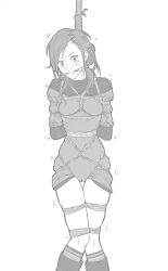 1girls akane_kurashiki blush bondage clothing monochrome nine_hours_nine_persons_nine_doors reptileye solo solo_female struggling tied_up white_background zero_escape