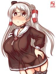 amatsukaze_(kantai_collection) amatsukaze_(kantai_collection)_(cosplay) artist_logo black_panties blush breasts brown_dress brown_eyes conte_di_cavour_(kantai_collection) cosplay dated dress eyebrows_visible_through_hair female garter_straps grey_neckerchief hair_tubes hat kanon_(kurogane_knights) kantai_collection large_breasts lifebuoy_ornament long_hair long_sleeves looking_at_viewer mini_hat neckerchief panties sailor_dress short_dress silver_hair simple_background smokestack_hair_ornament solo underwear white_background windsock