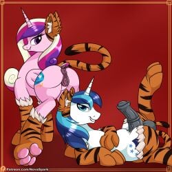 alicorn animal_genitalia animal_penis animal_print animal_pussy anus armwear ass balls blue_eyes canon_couple chinese_zodiac clitoral_winking clitoris clothing cutie_mark dock duo elbow_gloves equid equine equine_penis equine_pussy eyelashes fake_ears fake_tail fangs female feral friendship_is_magic genitals gloves handwear hasbro hi_res horn inner_ear_fluff leggings legwear looking_back male mammal married_couple my_little_pony novaspark patreon paws penis pink_body princess_cadance_(mlp) puffy_anus purple_eyes pussy shining_armor_(mlp) tiger_print tuft unicorn urethra vein veiny_penis white_body wings year_of_the_tiger