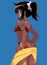 1girls artist_request ass ass_cleavage bandeau bandeau_bikini bikini black_hair breasts brown_eyes butt_crack dark-skinned_female dark_skin dat_ass etrian_odyssey female female_only hands_on_hips highres legs looking_back medium_breasts medium_hair open_mouth ponytail red_bikini sarong shilleka sideboob solo swimsuit thick_thighs thighs thong_bikini tribal