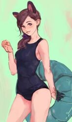 akane_kurashiki artist_request brown_hair cat_ears floatie floaty flotation_device inner_tube paw_pose solo solo_female swim_ring swimsuit zero_escape zero_time_dilemma