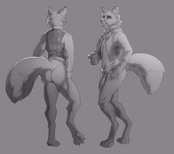 2022 anthro ass bottomless bottomless_anthro bottomless_male canid canine claws clothed clothing digitigrade dipstick_tail flaccid fox furdo genitals grey_background greyscale hi_res idrysse3 male mammal markings monochrome necktie pawpads penis shirt simple_background solo standing tail_markings toe_claws topwear vest