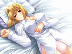 ahoge arcueid_brunestud big_breasts blonde_hair blouse blush cleavage female female_only hair_intakes long_sleeves looking_at_viewer miyai_sen nipple_bulge on_back on_bed panties pink_panties red_eyes short_hair solo tsukihime type-moon white_shirt