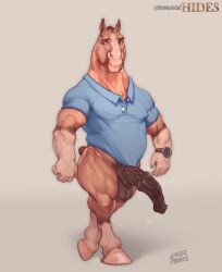 2021 animal_genitalia animal_penis anthro balls big_penis bodily_fluids brown_body brown_fur brown_penis clock clothing clothing_aside digital_media_(artwork) equid equine equine_penis erection fur genital_fluids genitals hi_res hooves horse laser_(artist) male male_only mammal medial_ring muscular muscular_anthro muscular_male pecs penis polo_shirt precum shirt simple_background solo topwear watch white_body white_fur wristwatch