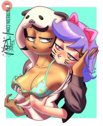 2girls amity_blight blush bra brown_eyes brown_hair cat_ears cat_whiskers costume female female_only fizzyrox_(artist) fondling fondling_breast kissing_neck luz_noceda medium_breasts multiple_girls onesie purple_hair straight_hair the_owl_house yellow_eyes yuri