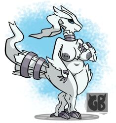 blue_eyes female fur hi_res legendary_pokémon metal nintendo pokémon_(species) pokemon reshiram shortstack smug terryeternity thick_thighs video_games white_body white_fur