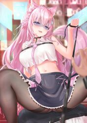 1boy animal_ears cowgirl_position coyote_ears coyote_girl coyote_tail female femdom hakui_koyori highres hololive hololive_japan holox kawosu_shikou leash midriff navel necktie pantyhose pink_hair pov pov_hands skirt virtual_youtuber