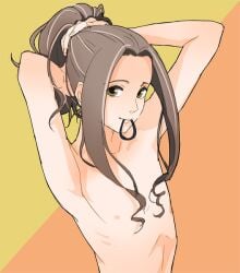 1boy ana_gram brown_hair femboy girly hairtie_in_mouth hiota nude phi_brain_puzzle_of_god solo solo_male tagme trap tying_hair