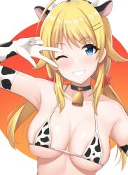 ;) ahoge animal_ears animal_print areola_slip areolae bell bikini black_choker blonde_hair blue_eyes blush breasts choker cleavage commentary cow_ears cow_horns cow_print cowbell eyebrows_visible_through_hair eyelashes fake_animal_ears fake_horns female gloves gradient gradient_background grin hachimiya_meguru hair_flaps hair_ornament hairclip helloet11 highres horns idolmaster idolmaster_shiny_colors large_breasts long_hair looking_at_viewer neck_bell one_eye_closed orange_background print_bikini print_gloves red_background sidelocks skindentation smile solo star_(symbol) star_hair_ornament string_bikini swimsuit teeth twintails upper_body v v_over_eye white_gloves