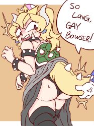 ass bamman blonde_hair blue_eyes bowsette dialogue dress dress_lift earrings female glove male mario mario_(series) meme new_super_mario_bros._u_deluxe so_long,_gay_bowser_(meme) spiked_bracelet spiked_collar super_crown super_mario_64 sweat tail thighhighs thong