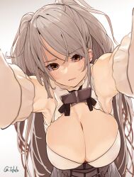 armpit_cutout blush breasts brown_eyes cleavage cleavage_cutout closed_mouth clothing_cutout conte_di_cavour_(kantai_collection) corset dress eyebrows_visible_through_hair female frilled_dress frills fuwafuwatoufu grey_dress highres kantai_collection large_breasts layered_dress long_hair long_sleeves looking_at_viewer looking_down silver_hair twitter_username two-tone_dress two_side_up white_background white_dress