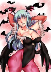 1girls animal_print armpits arms_behind_head bare_shoulders bat_print bat_wings big_breasts black_leotard breasts busty capcom cleavage clothing clothing_cutout darkstalkers demon_girl female female_only green_eyes green_hair head_wings heart_cutout highres kuroneko large_breasts leotard long_hair looking_at_viewer matching_hair/eyes morrigan_aensland pantyhose parted_lips pose posing purple_legwear sensual smile succubus thighs voluptuous