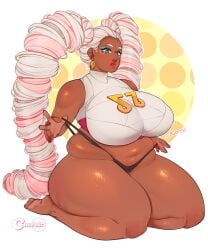 1girls arms_(game) bbw belly belly_fat breasts cherbit chubby chubby_female crop_top dark-skinned_female dark_skin earrings eyeliner female huge_breasts huge_thighs kneeling large_breasts makeup midriff multicolored_hair pink_hair plump plump_breasts shiny_skin sleeveless solo stretched_clothing thick_thighs top_heavy twintails twintelle venus_body very_long_hair white_hair wide_hips