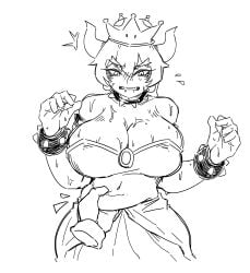 bamman black_and_white bowsette bra chubby chubby_female earrings female grabbing_stomach horns mario_(series) new_super_mario_bros._u_deluxe skirt spiked_armlet spiked_bracelet spiked_collar squeezing_stomach super_crown sweat