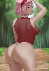 ass big_ass boruto:_naruto_next_generations bottom_heavy bottomless bubble_ass bubble_butt dat_ass donyta fat_ass from_behind green_eyes huge_ass mature mature_female milf naruto naruto_(series) no_panties outdoors pink_hair round_ass sakura_haruno sideboob sleeveless sleeveless_shirt solo solo_focus tight_clothing tight_shirt