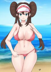 1girls aqua_eyes beach big_breasts bikini bikini_pull breasts brown_hair busty child_bearing_hips chronosth1 cleavage clothes_pull creatures_(company) double_bun game_freak gummslime highres large_breasts legs lips lipstick long_hair makeup navel nintendo pink_bikini pink_lips pokemon pokemon_(game) pokemon_bw2 rosa_(pokemon) sensual smile swimsuit teasing thick_thighs thighs twintails water