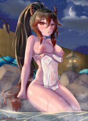 1girls absurdres ahoge arm_support arm_under_breasts black_hair breasts demon_girl demon_horns demon_tail female hair_between_eyes highres horns ivorydevil long_hair looking_at_viewer moon night nipples nude onsen outdoors ponytail red_eyes red_hair sitting slit_pupils solo stream sturdyplywood tail towel two_tone_hair vrchat water wet