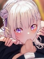 1boy 1boy1girl barto blush blushing_at_viewer braid censored censored_penis clothes_pull deep_blowjob elf elf_ears elf_female elf_girl emilia_(re:zero) eyebrows_visible_through_hair fellatio female hair_flower hair_ornament half_elf hand_on_another's_thigh hand_on_penis hands_on_another's_thighs imminent_cumshot imminent_ejaculation long_hair looking_at_viewer mosaic_censoring natsuki_subaru open_eyes oral oral_penetration oral_sex penis penis_in_mouth pointless_censoring pointy_ears purple_eyes raised_eyebrows re:zero_kara_hajimeru_isekai_seikatsu silver_hair teenage teenage_girl teeth track_suit upper_teeth white_flower white_hair x_hair_ornament zerobarto