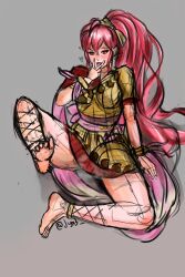 1girls bare_legs barefoot clothed clothing color cunnilingus_gesture female fire_emblem fire_emblem:_mystery_of_the_emblem fully_clothed gesture human jyx3 light-skinned_female light_skin long_hair looking_at_viewer nintendo oral_invitation phina_(fire_emblem) pink_eyes pink_hair ponytail sitting sketch solo suggestive tongue tongue_out transformation v very_long_hair