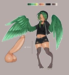 1boy avian avian_humanoid belly big_balls character_sheet claws color_palette commission crop_top eyebrows_visible_through_hair femboy gigantic_penis green_hair harpy hoodie huge_cock jacket kekbun oc ripped_clothing shiny_skin tattoo thick_thighs tight_clothing wings