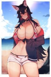 animal_ear_fluff animal_ears bangs beach bell bikini black_choker black_hair black_jacket blue_sky blurry blurry_background blush breasts choker cleavage cloud cowboy_shot day female grin hair_between_eyes hair_ornament hairclip hand_in_pocket heart highres hololive hololive_gamers hololive_japan huge_breasts jacket leaf_print long_hair looking_at_viewer micro_shorts multicolored_hair navel neck_bell ookami_mio open_clothes open_jacket outdoors print_bikini red_hair short_shorts shorts sky smile solo standing stomach streaked_hair swimsuit tail unbeller unbuttoned_shorts very_long_hair virtual_youtuber wolf_ears wolf_tail yellow_eyes