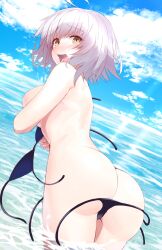 2:3_ratio absurdres accidental_exposure ahoge ass bangs big_ass bikini black_bikini blue_sky blush breasts cloud clouds covering covering_breasts day embarrassed eyebrows_visible_through_hair fate/grand_order fate_(series) female from_behind highres jeanne_alter jeanne_d'arc_alter_(avenger)_(fate) jeanne_d'arc_alter_(fate) large_breasts leaning_forward looking_at_viewer looking_back looking_back_at_viewer nose_blush ocean open_mouth outdoors partially_visible_vulva public_topless questionable round_teeth short_hair short_hair_female shunichi silver_hair sky solo standing sunlight swimsuit tearing_up teeth three-quarter_view topless two_tone_hair uncomfortable wading wardrobe_malfunction water yellow_eyes