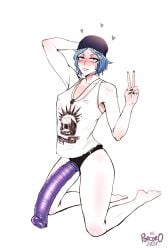 1girls beanie blue_hair blush chloe_price dildo dyed_hair green_eyes hard_nipples hat huge_strap-on life_is_strange necklace nipples pale porcoro solo solo_female strap-on strapon tank_top toy