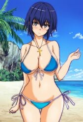 1girls artist_request beach big_breasts bikini blue_bikini blue_eyes blue_hair blush breasts ciel ciel_(tsukihime) cleavage collarbone color crucifix eyebrows eyebrows_visible_through_hair eyelashes eyelashes_visible_through_hair feet_out_of_frame female female_only kusakabe_fumika legs legs_together necklace outside short_hair side-tie_bikini smile solo swimsuit thigh_gap thighs tsukihime two_piece_swimsuit type-moon underboob wide_hips