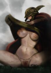 armor clothes_pull elden_ring female fromsoftware grass helmet large_breasts malenia_blade_of_miquella pussy pussy_hair solo solo_female spookiarts