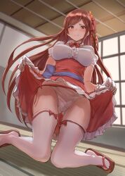 ass_visible_through_thighs blouse blush bow breasts cameltoe corset embarrassed erect_nipples_under_clothes female frills hair_between_eyes hair_ribbon jojobirdz kneeling large_breasts long_hair looking_at_viewer looking_down maid maid_uniform obi oichi_(pokemon) on_knees parted_bangs pokemon pokemon_conquest red_eyes red_hair red_skirt ribbon_trim sandals sengoku_musou side_tie_panties skirt_lift solo solo_female solo_focus thighhighs thighs white_blouse white_gloves white_legwear white_panties white_thighhighs zouri